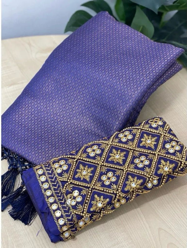 Navy Blue Soft Pattu Silk Saree With Handwork Blouse