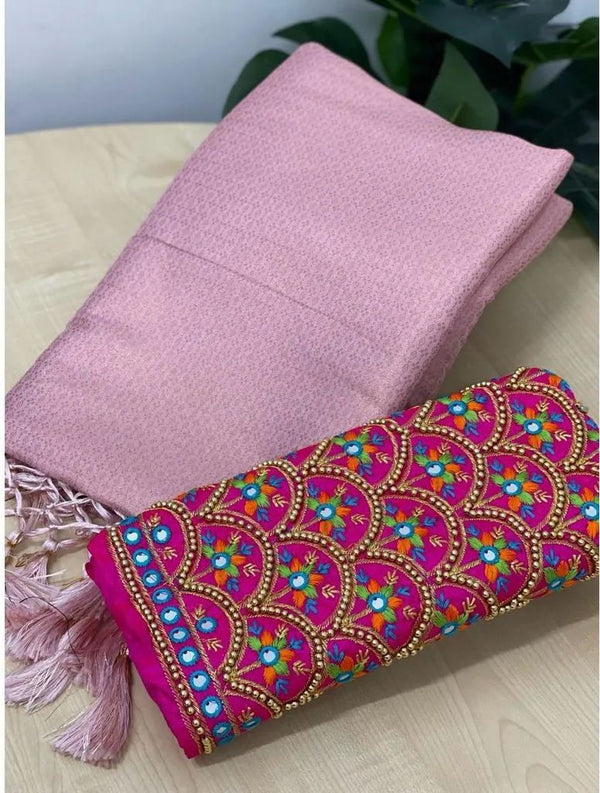 Light Pink Soft Pattu Silk Saree With Handwork Blouse