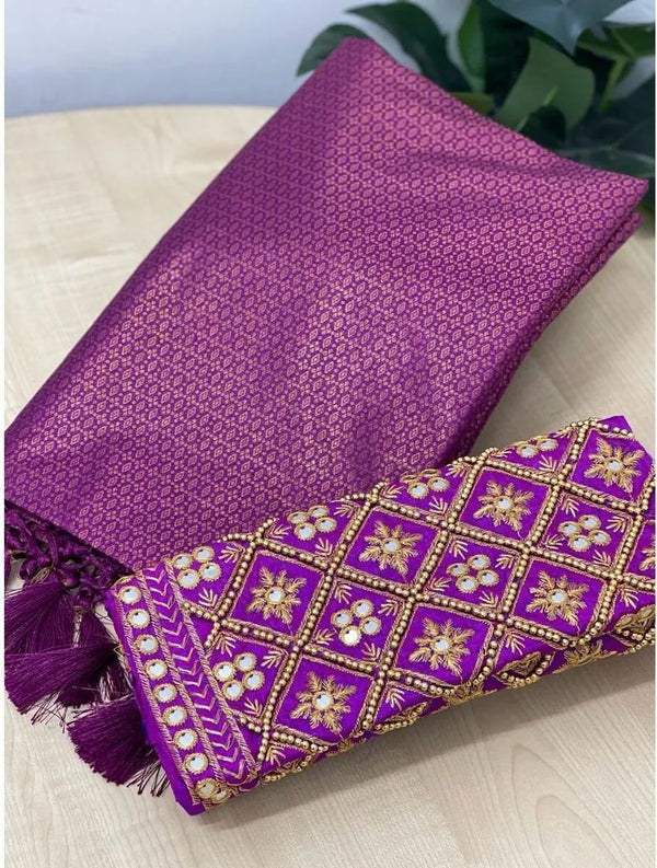 Dark Purple Soft Pattu Silk Saree With Handwork Blouse