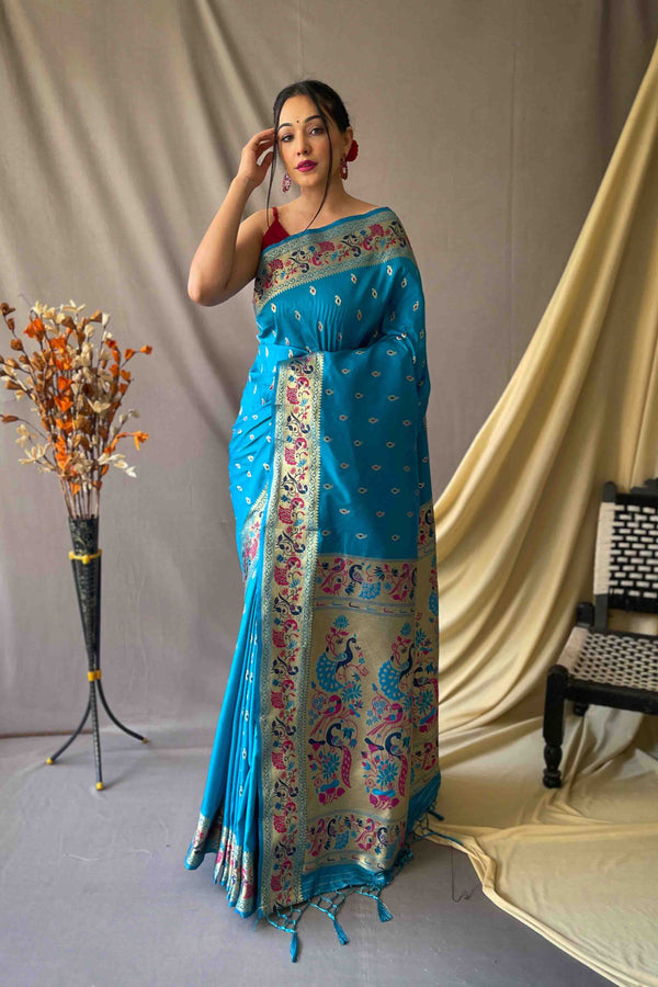 Sky Blue Woven Paithani Silk Saree