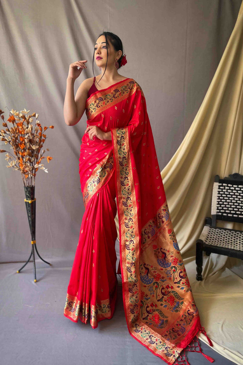 Rose Red Woven Paithani Silk Saree