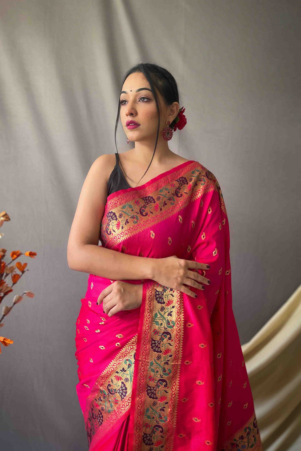 Ruby Pink Woven Paithani Silk Saree