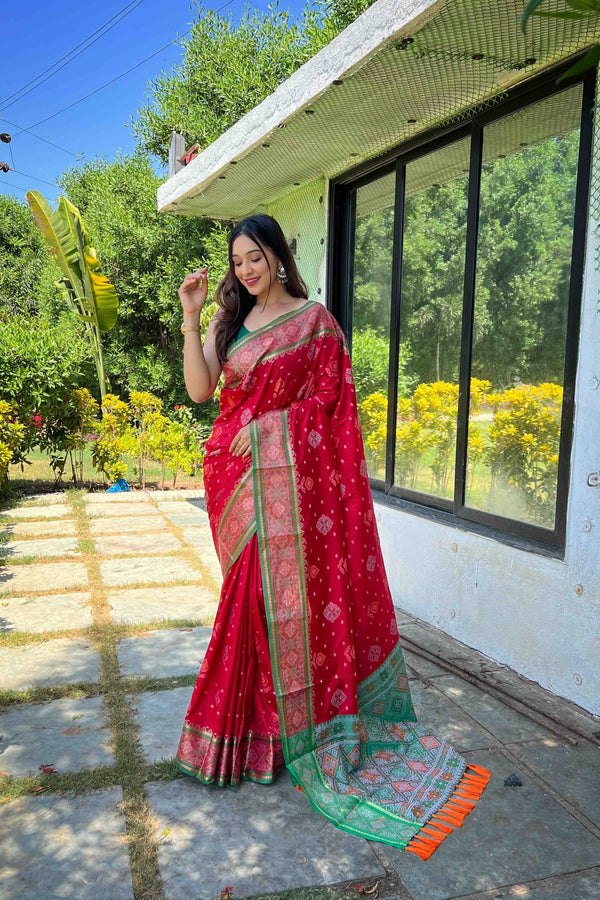 Ruby Red Patola Silk Zari Weaving Saree