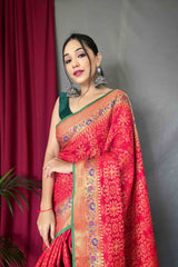 Crimson Red Patola Silk Zari Weaving Saree