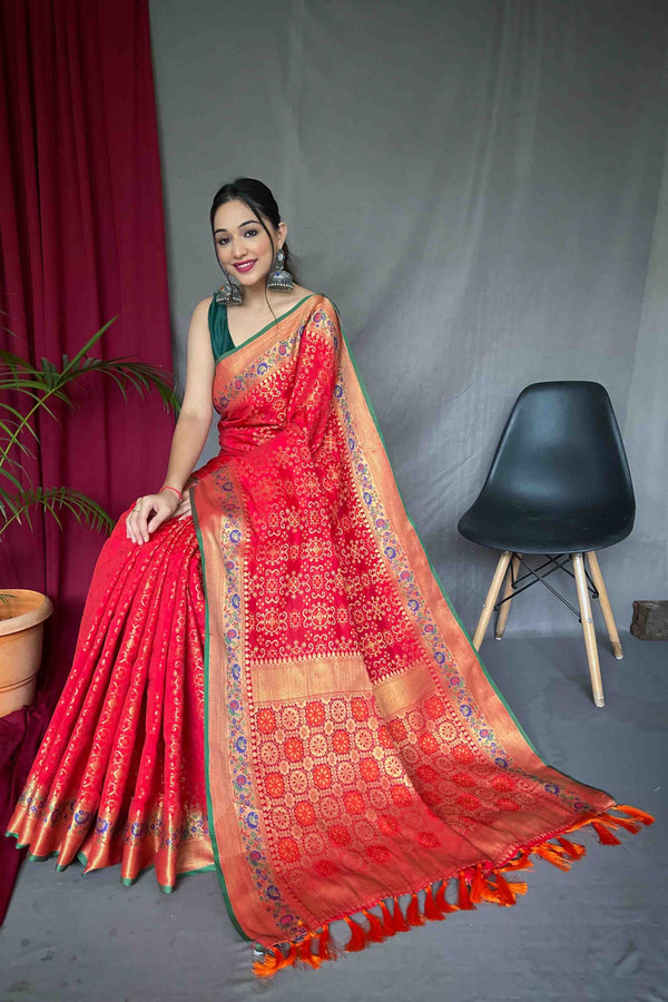 Crimson Red Patola Silk Zari Weaving Saree