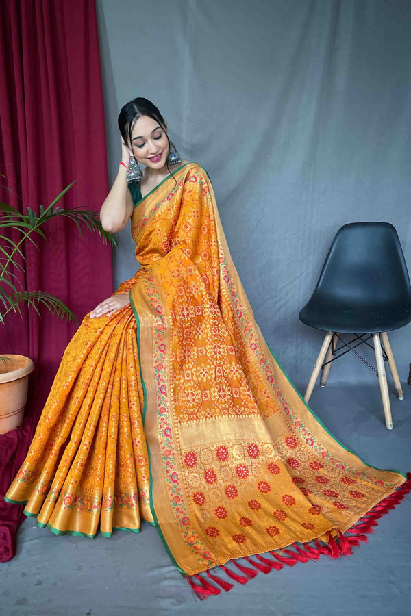 Fire Yellow Patola Silk Zari Weaving Saree