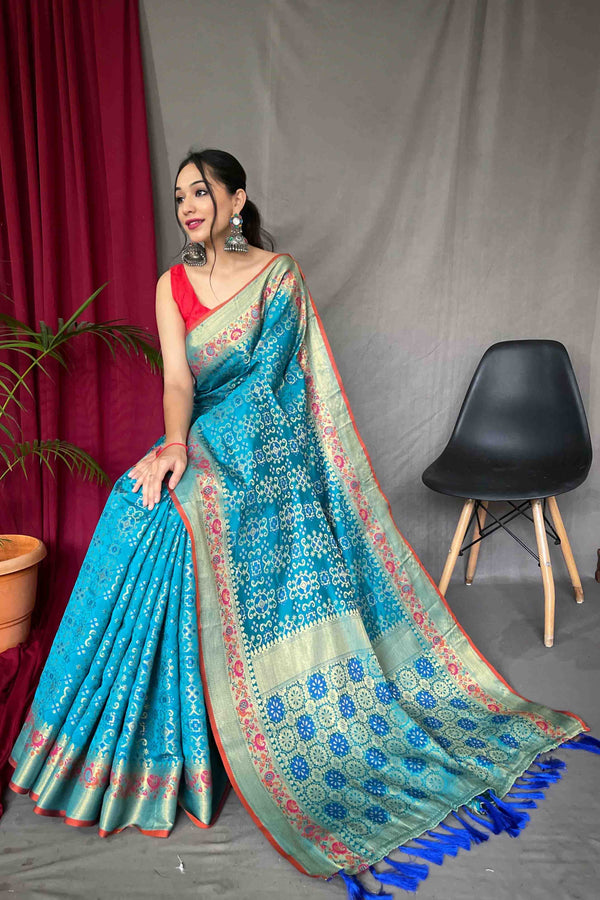 Sky Blue Patola Silk Zari Weaving Saree
