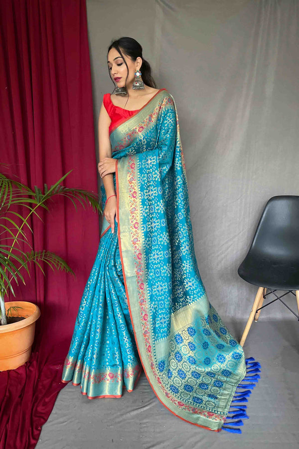 Sky Blue Patola Silk Zari Weaving Saree