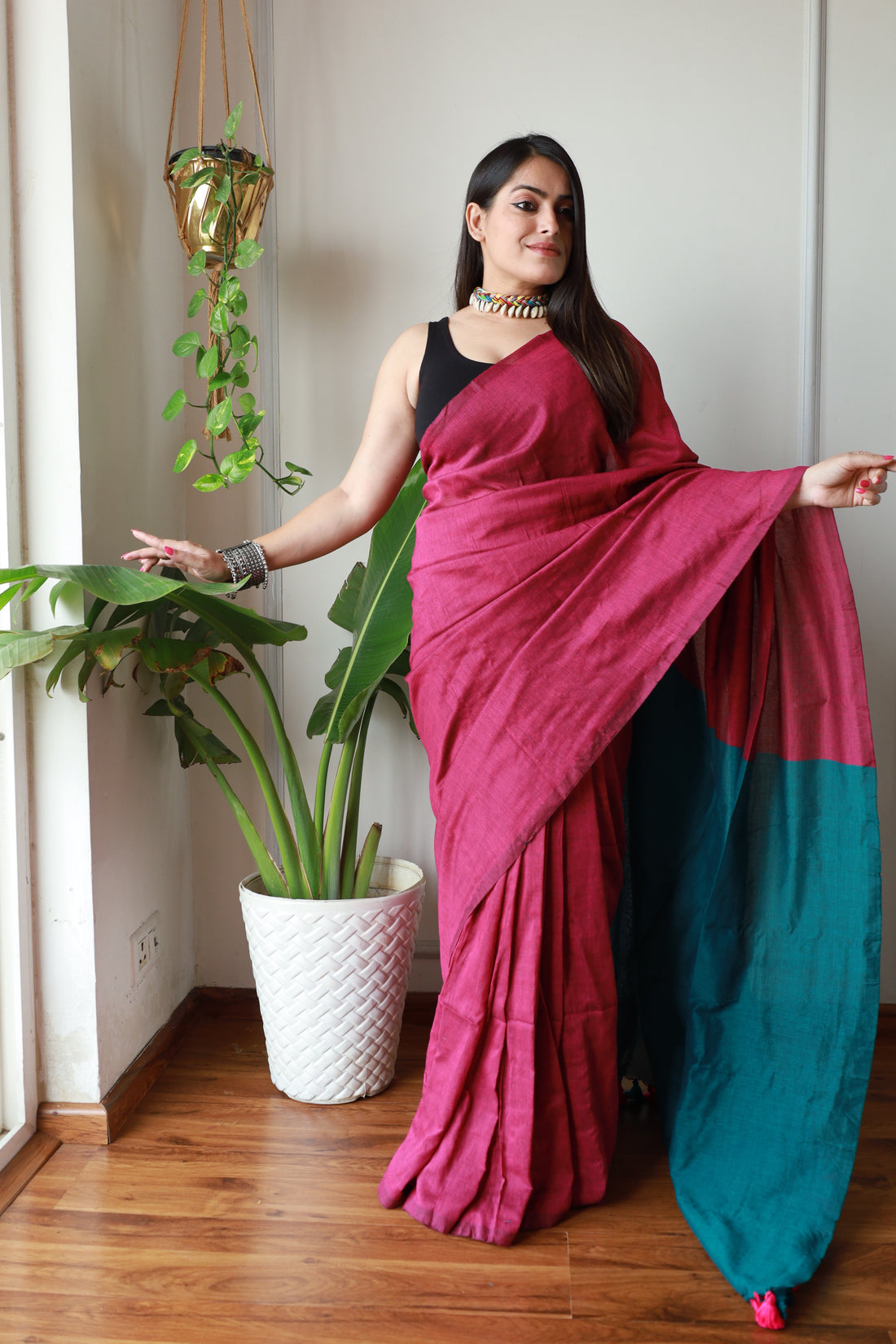 Magenta & Rama Handloom Cotton Saree