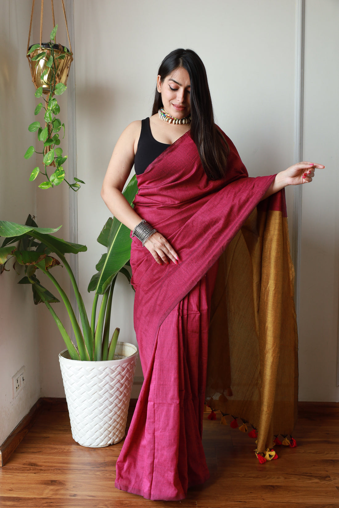 Magenta & Mustard Handloom Cotton Saree