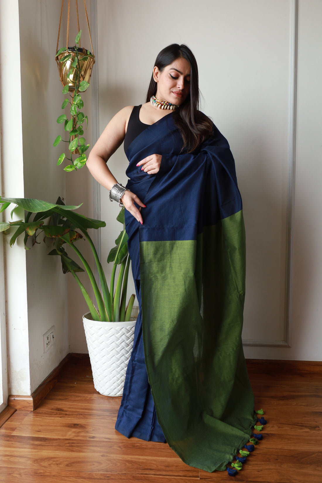 Navy Blue & Mehendi Handloom Cotton Saree