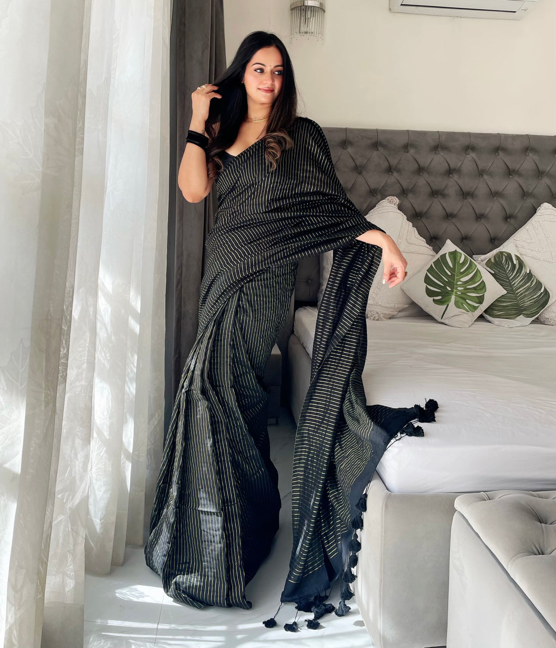 Black Zari Stripe Handloom Cotton Saree