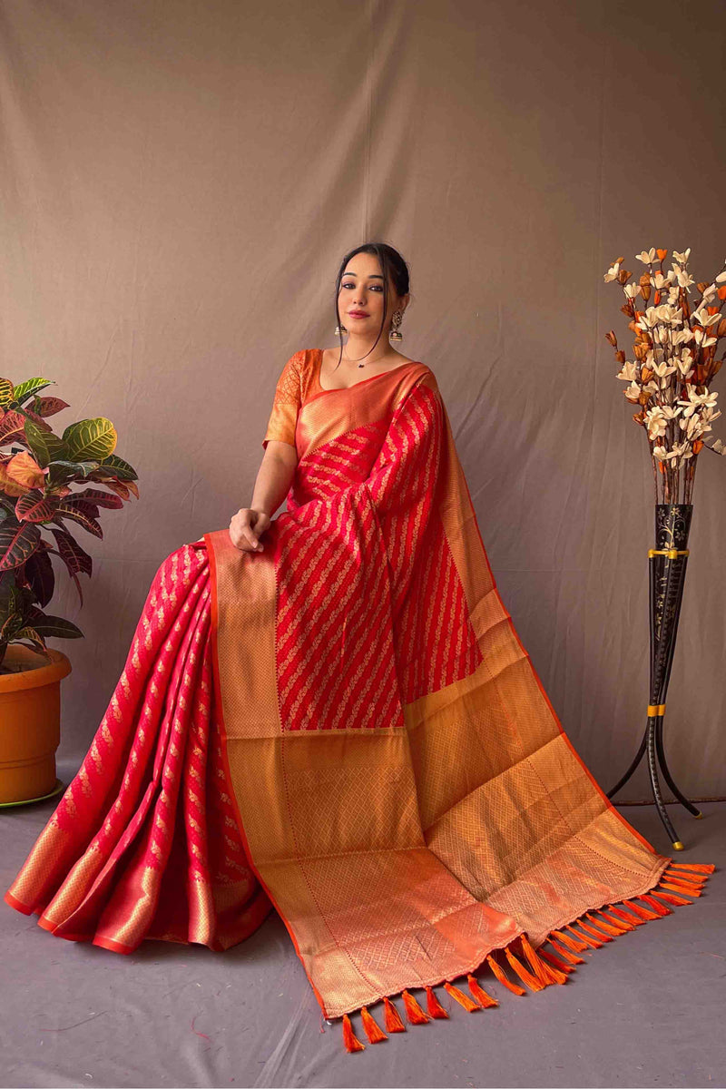 Bright Red Zari Woven Kanjivaram Silk Saree