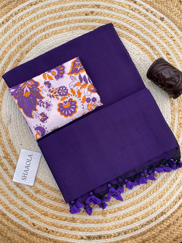 Purple Handloom Cotton Saree With Designer Blouse