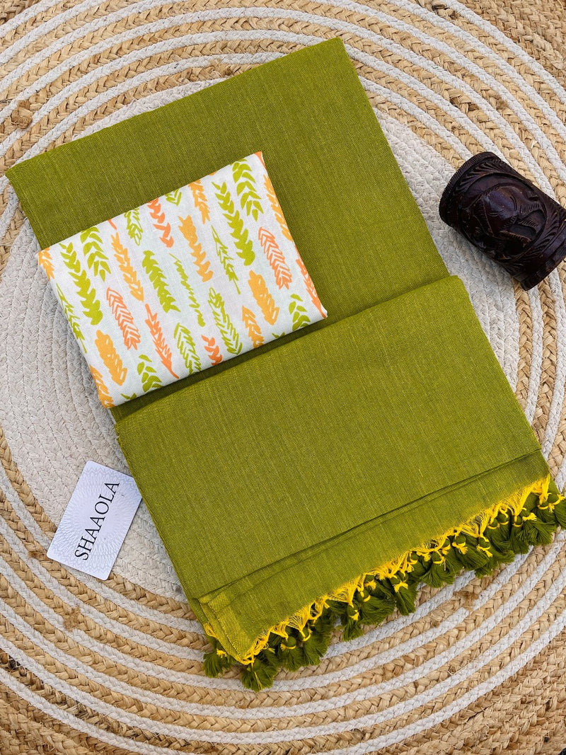 Lime Green Handloom Cotton Saree With Designer Blouse