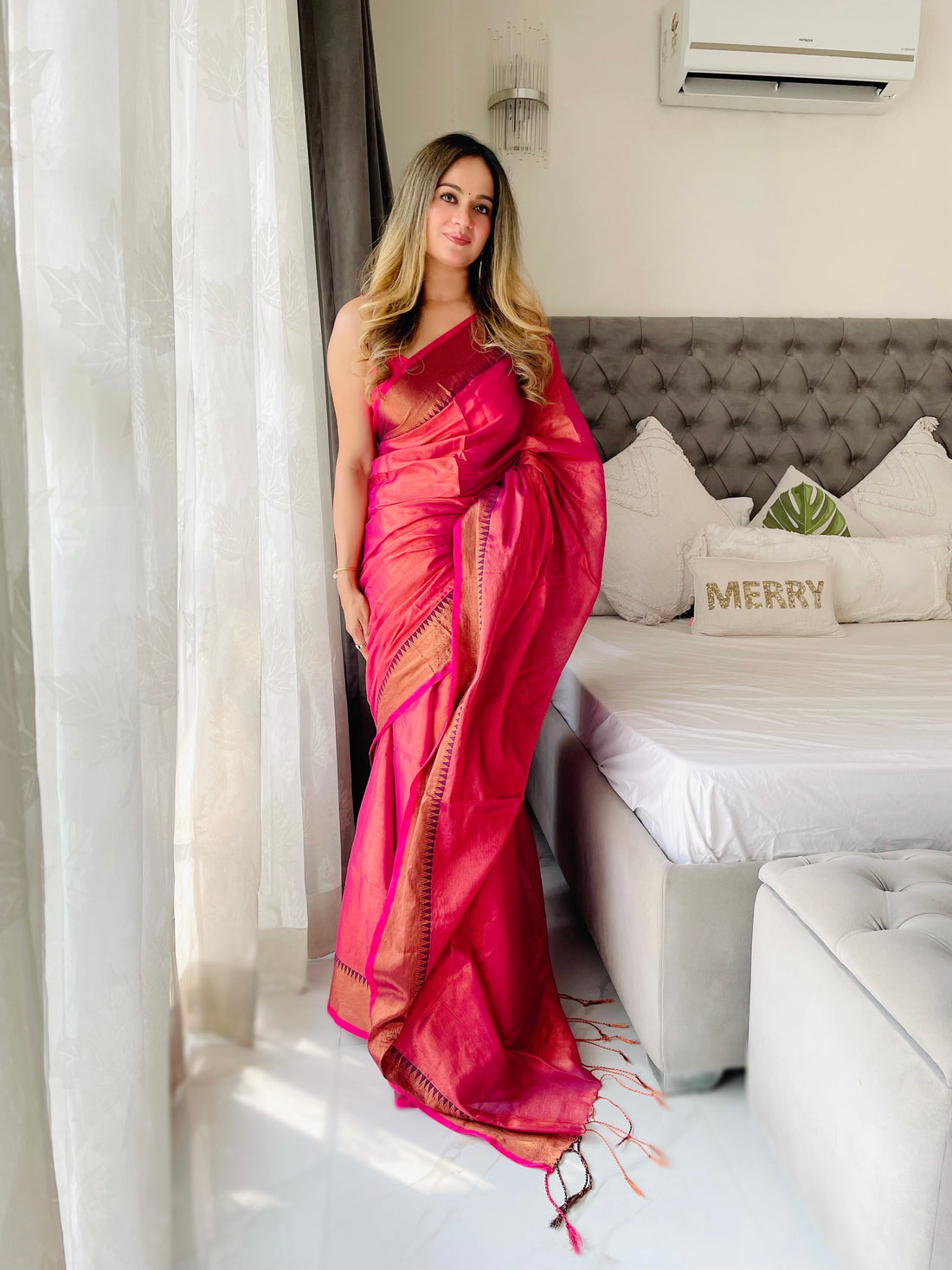 Shaaola Peach Handloom Tissue Saree