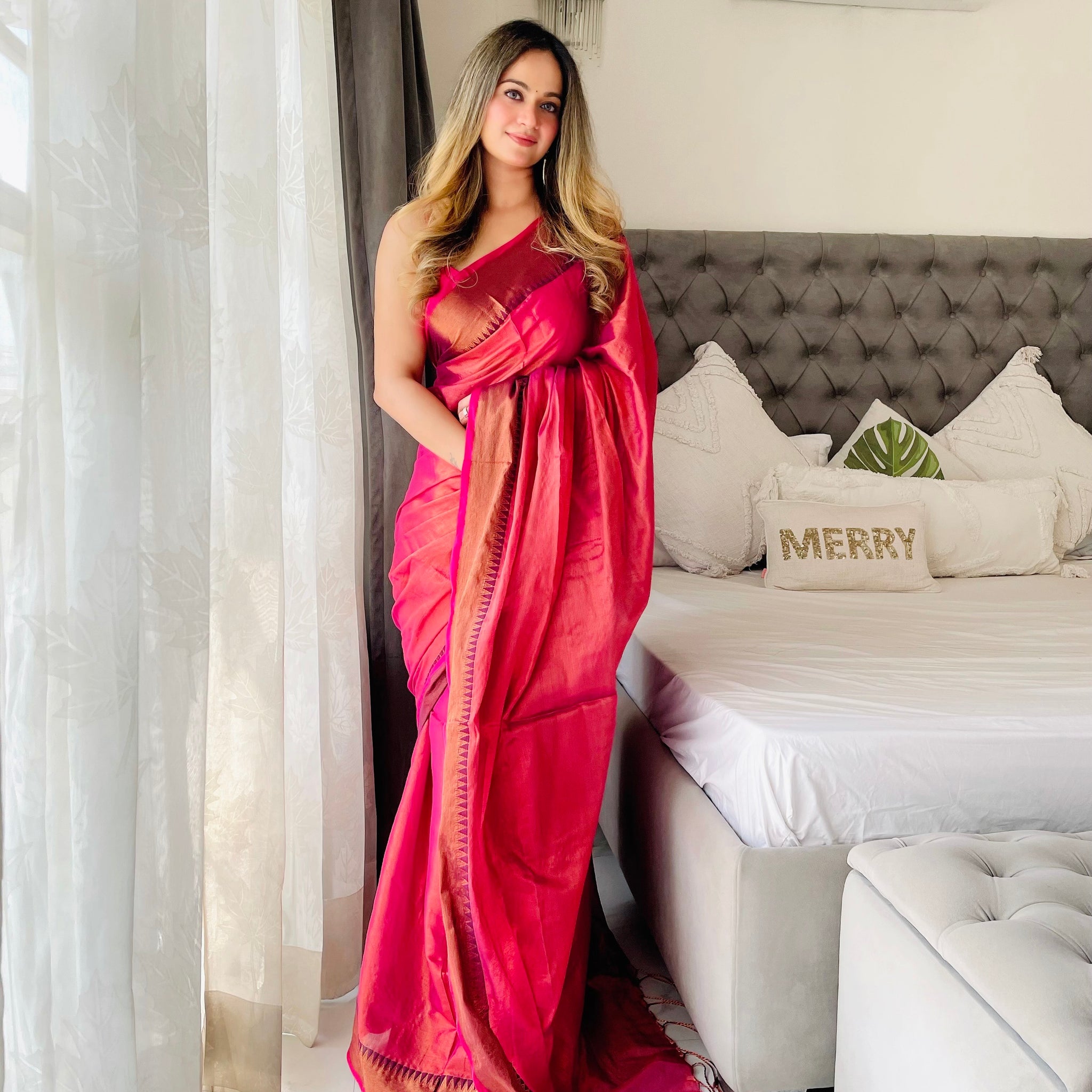 Shaaola Peach Handloom Tissue Saree