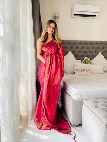 Shaaola Peach Handloom Tissue Saree