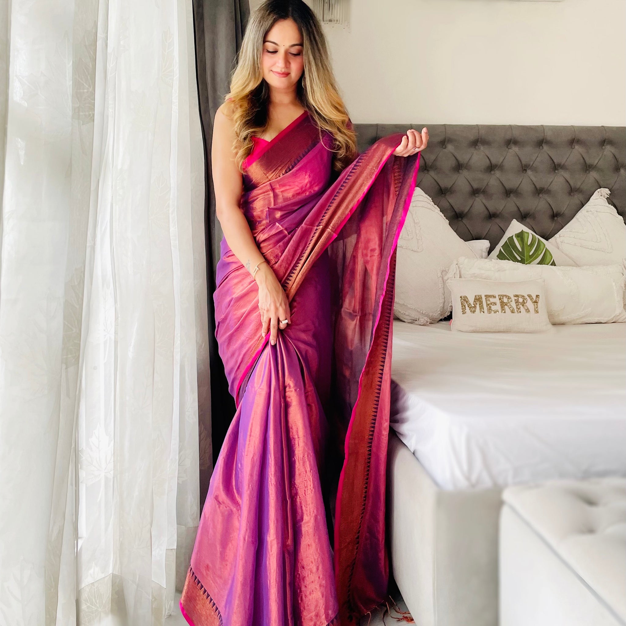 Shaaola Onion Pink Handloom Tissue Saree