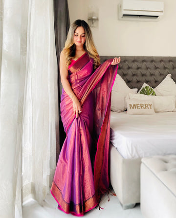 Shaaola Onion Pink Handloom Tissue Saree