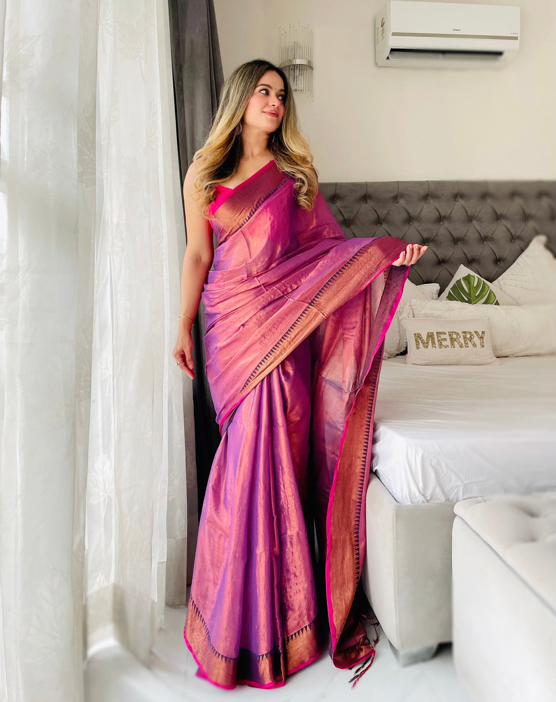 Shaaola Onion Pink Handloom Tissue Saree