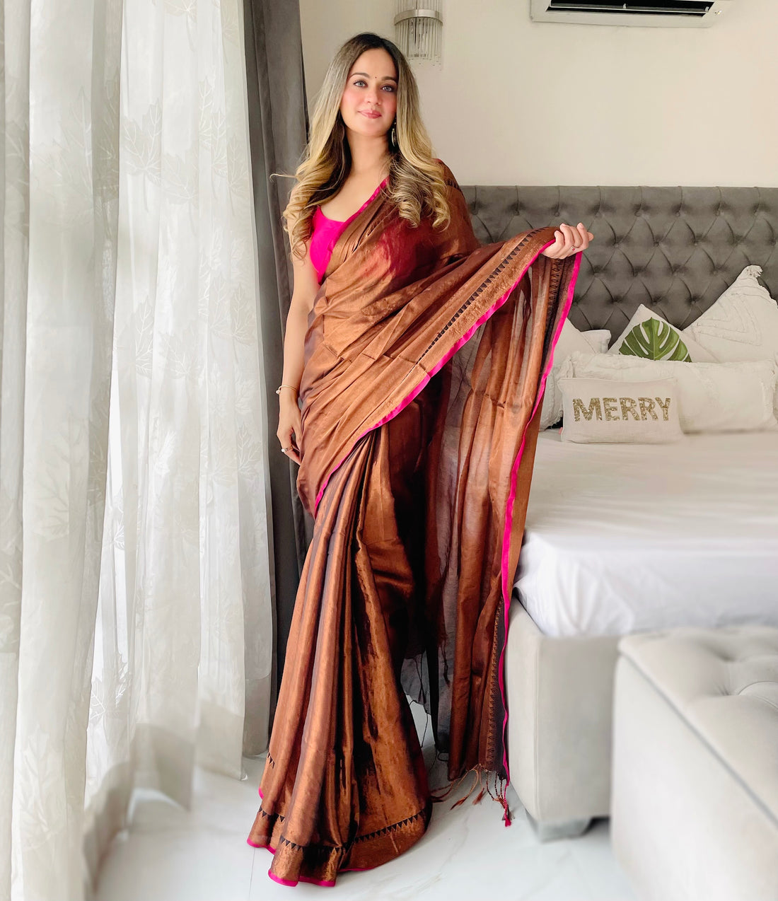 Shaaola Copper Handloom Tissue Saree