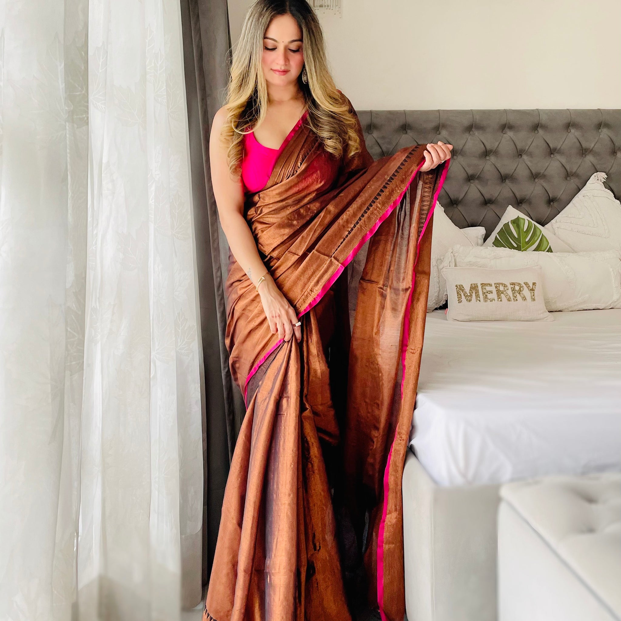 Shaaola Copper Handloom Tissue Saree
