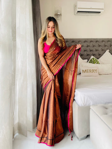 Shaaola Copper Handloom Tissue Saree