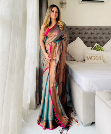 Shaaola Rama Green Handloom Tissue Saree