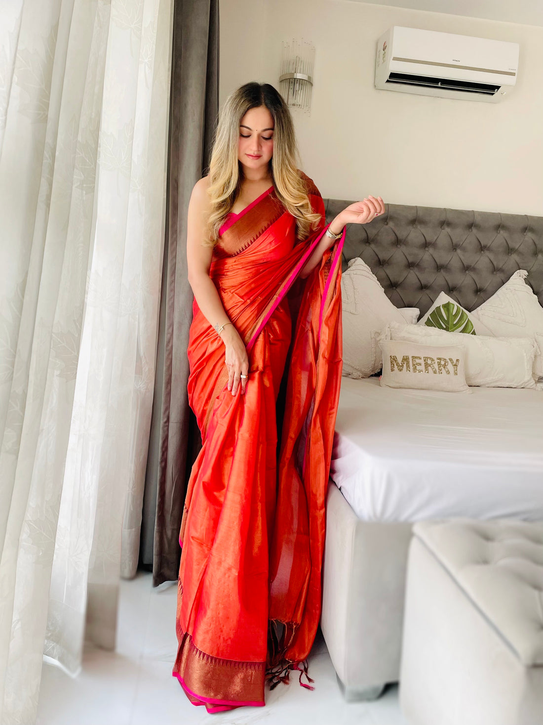 Shaaola Orange Handloom Tissue Saree