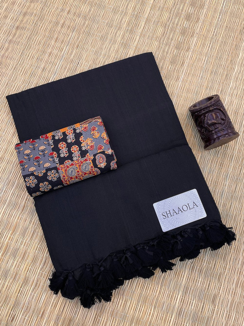 Black Handloom Cotton Saree with Ajrakh Blouse