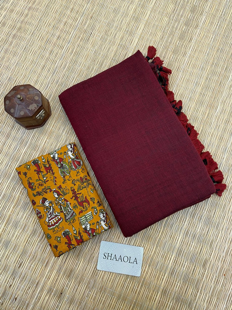 Maroon Handloom Cotton Saree With Designer Blouse