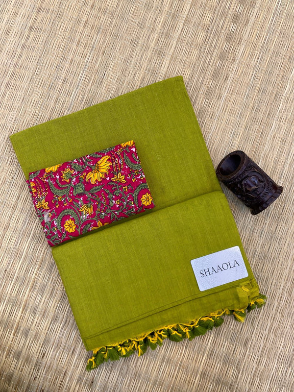 Lime Green Handloom Cotton Saree With Designer Blouse