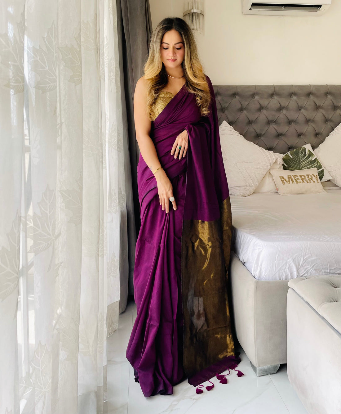 Wine Handloom Cotton Saree