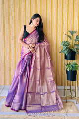 Purple Handloom Cotton Tissue Saree