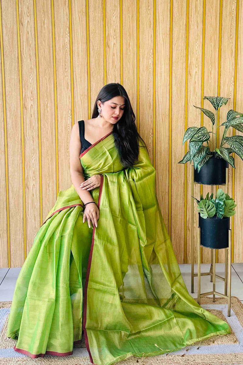 Parrot Green Handloom Cotton Tissue Saree