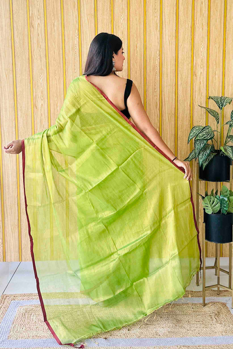 Parrot Green Handloom Cotton Tissue Saree