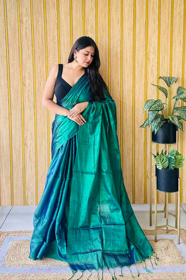 Shamrock Blue Copper Handloom Cotton Tissue Saree