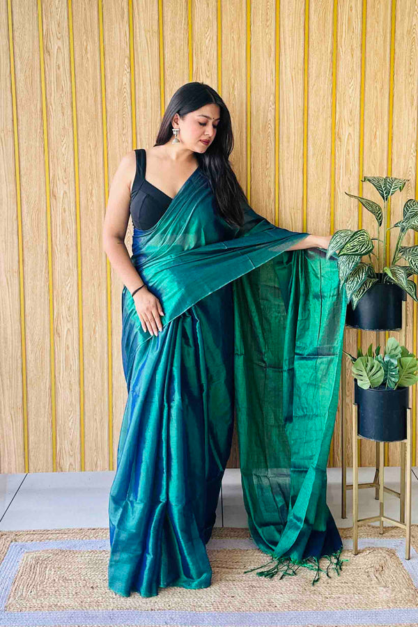 Shamrock Blue Copper Handloom Cotton Tissue Saree