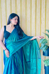 Shamrock Blue Copper Handloom Cotton Tissue Saree