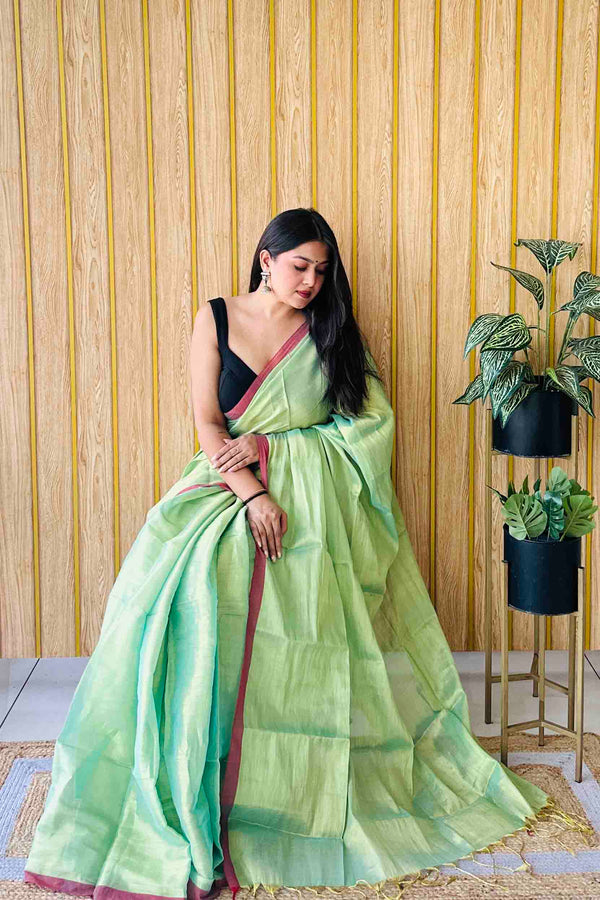 Pista Handloom Cotton Tissue Saree