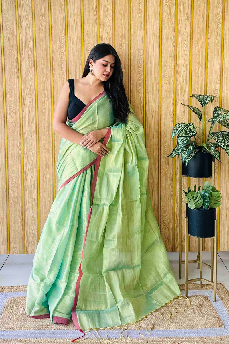 Pista Handloom Cotton Tissue Saree