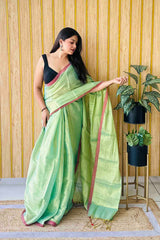 Pista Handloom Cotton Tissue Saree