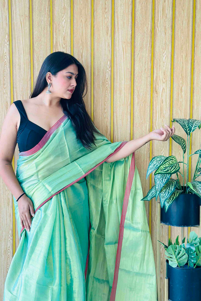 Pista Handloom Cotton Tissue Saree