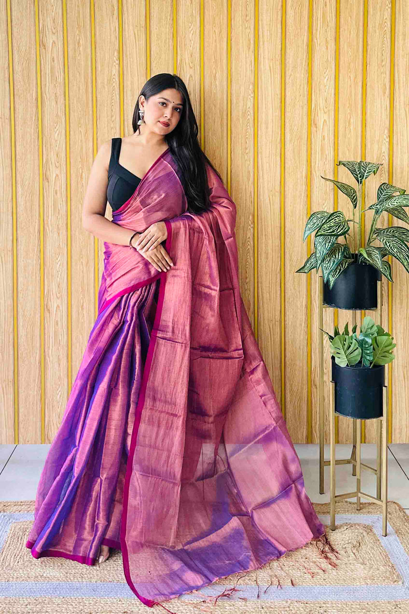 Plum Pink  Handloom Cotton Tissue Saree