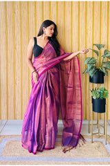 Plum Pink  Handloom Cotton Tissue Saree