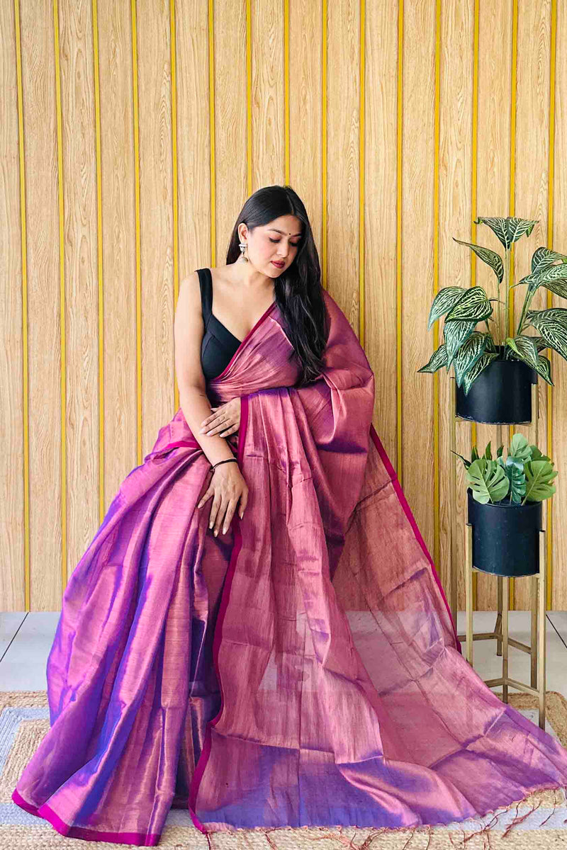 Plum Pink  Handloom Cotton Tissue Saree