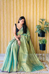 Teal Handloom Cotton Tissue Saree