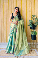 Teal Handloom Cotton Tissue Saree