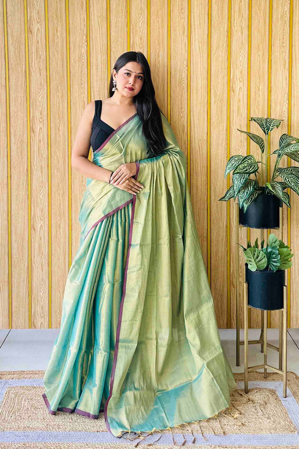 Teal Handloom Cotton Tissue Saree